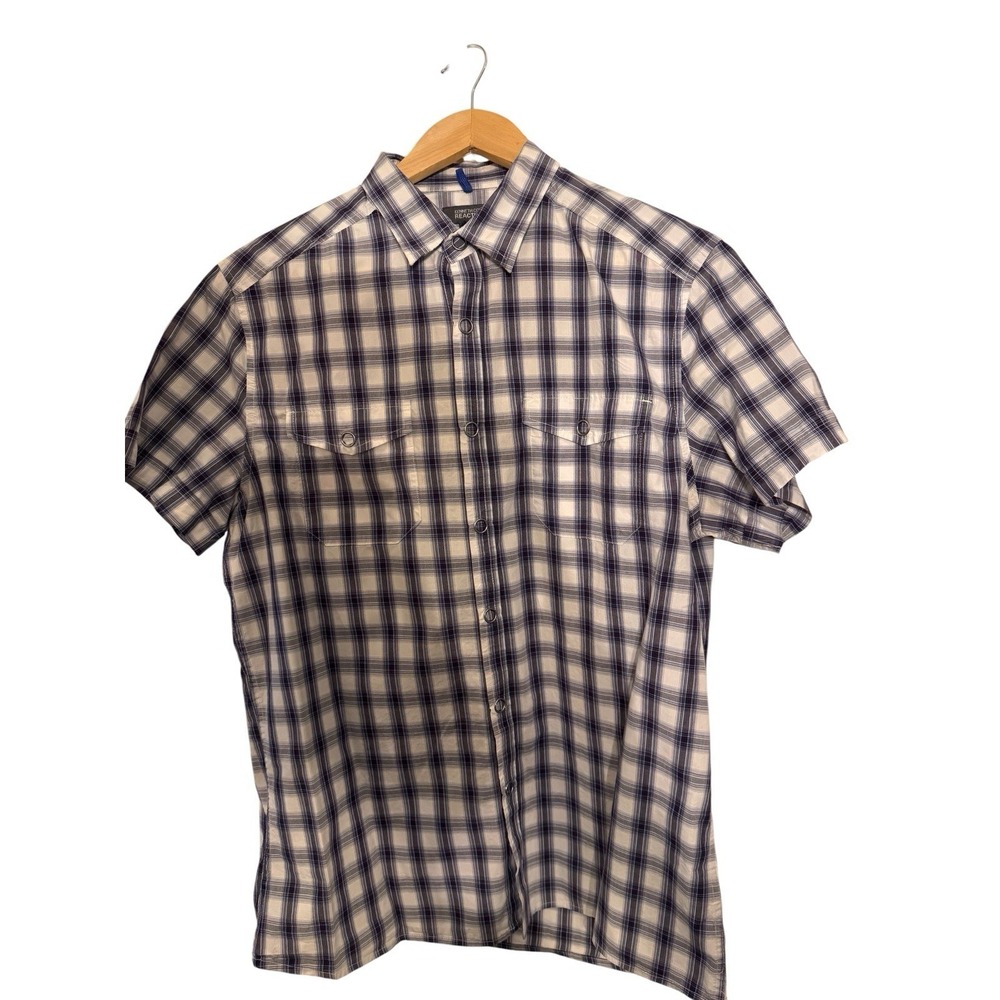 Men's Large Kenneth Cole Reaction Short-Sleeve Button-Down Gray/Black/Blue Shirt